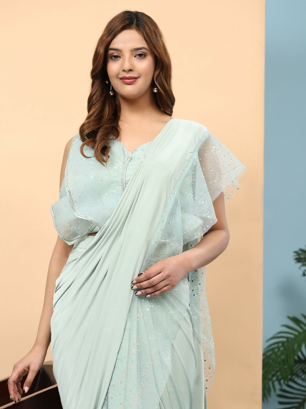 Light Blue Lycra Solid Ready to Wear Saree with stitched Blouse - Nita