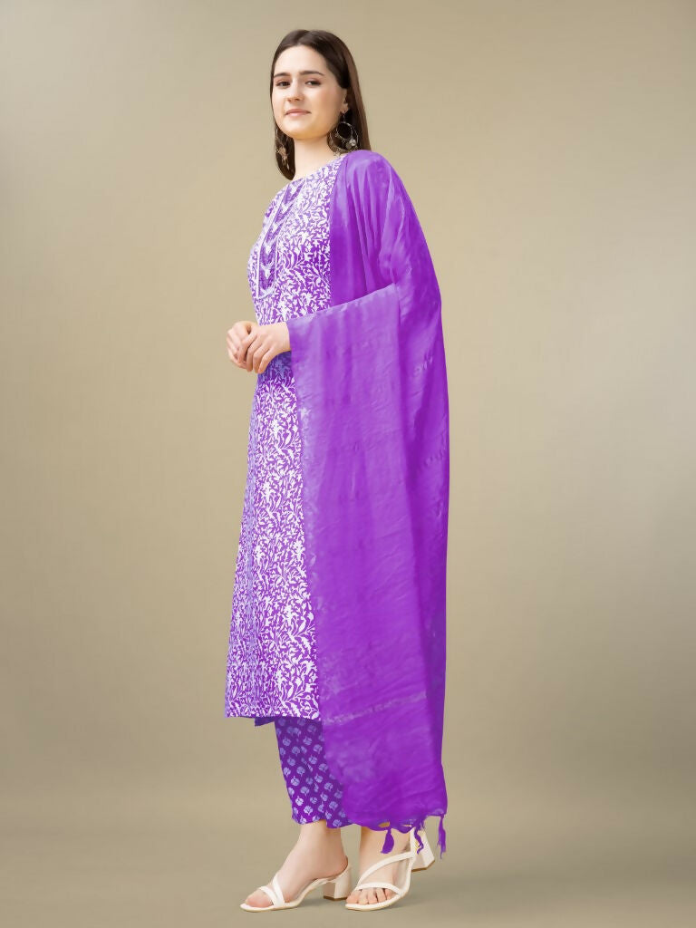 Jyoti Fashion Women's Purple Rayon Embroidery & Sequence work Kurta with Trouser & Dupatta