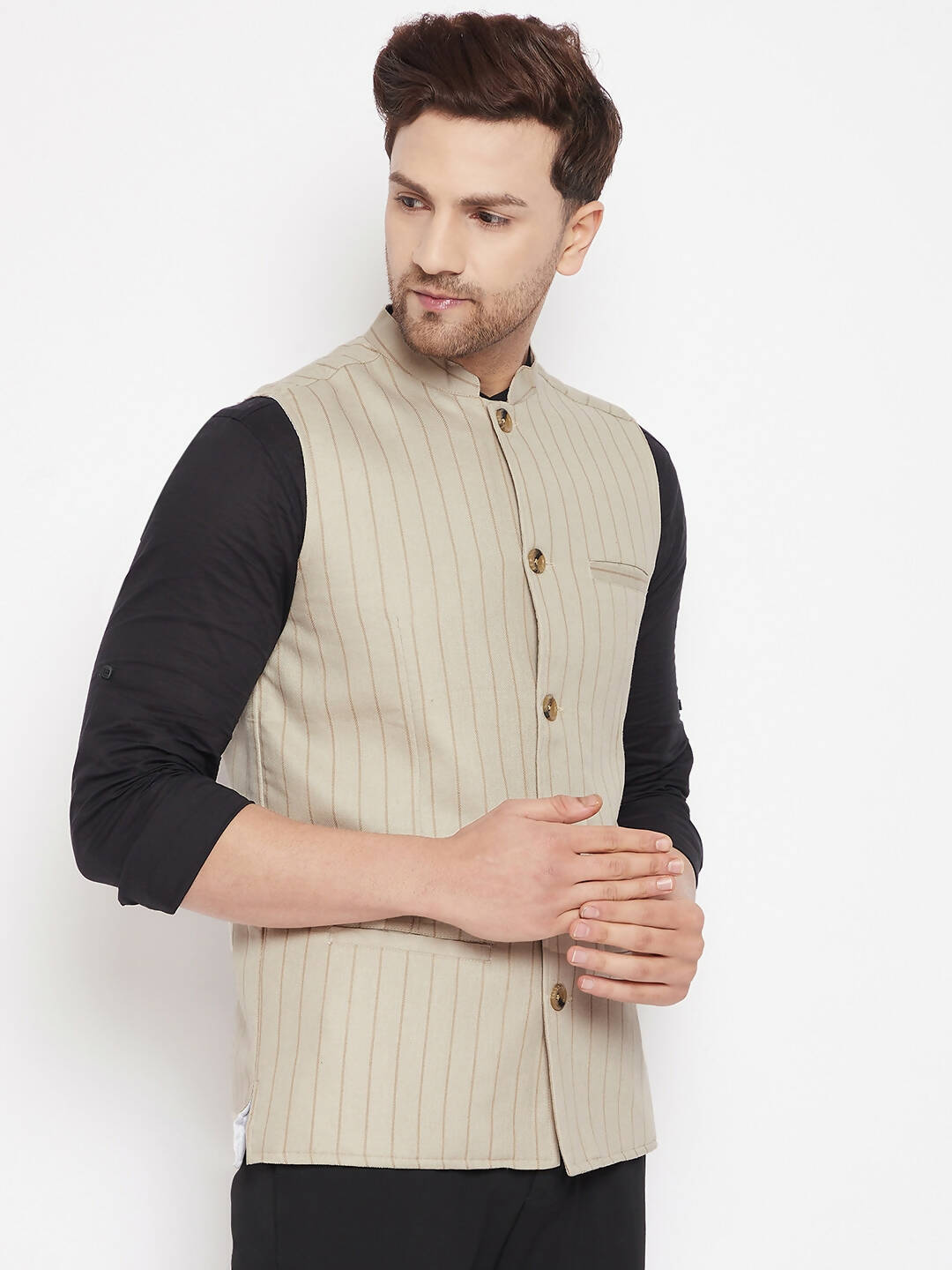Even Apparels Beige Linen Blend Men Woven Nehru Jacket
