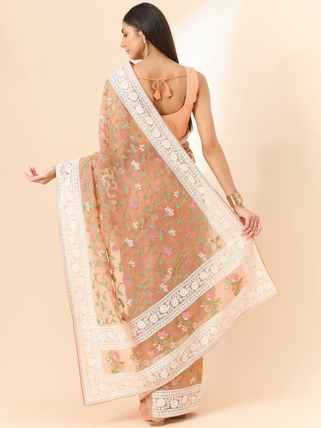 Peach Organza Floral Embroidered Saree with Unstitched Blouse Piece - Roozal