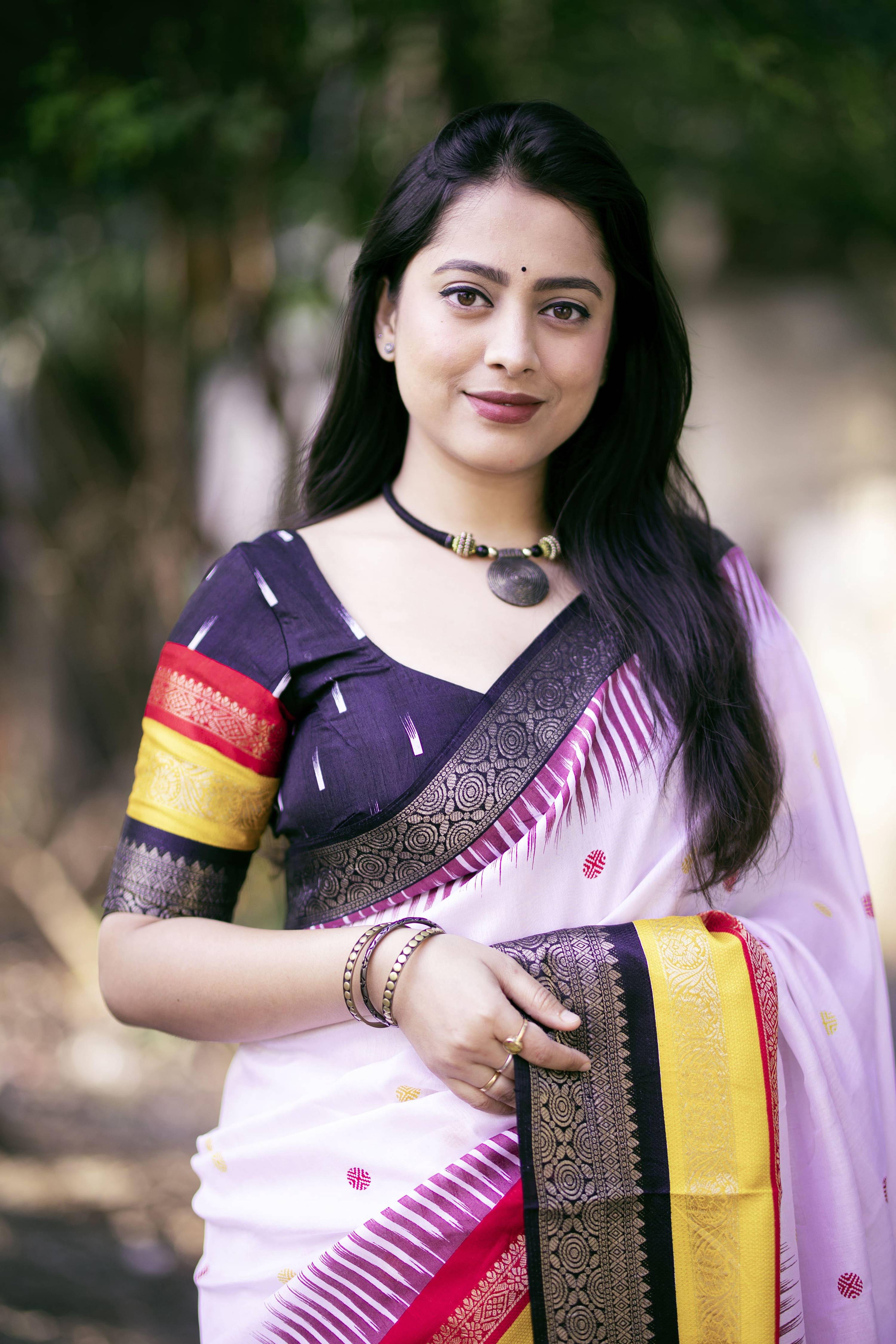 White Cotton Crepe Printed Saree with Unstitched Blouse - Hiral Fashion