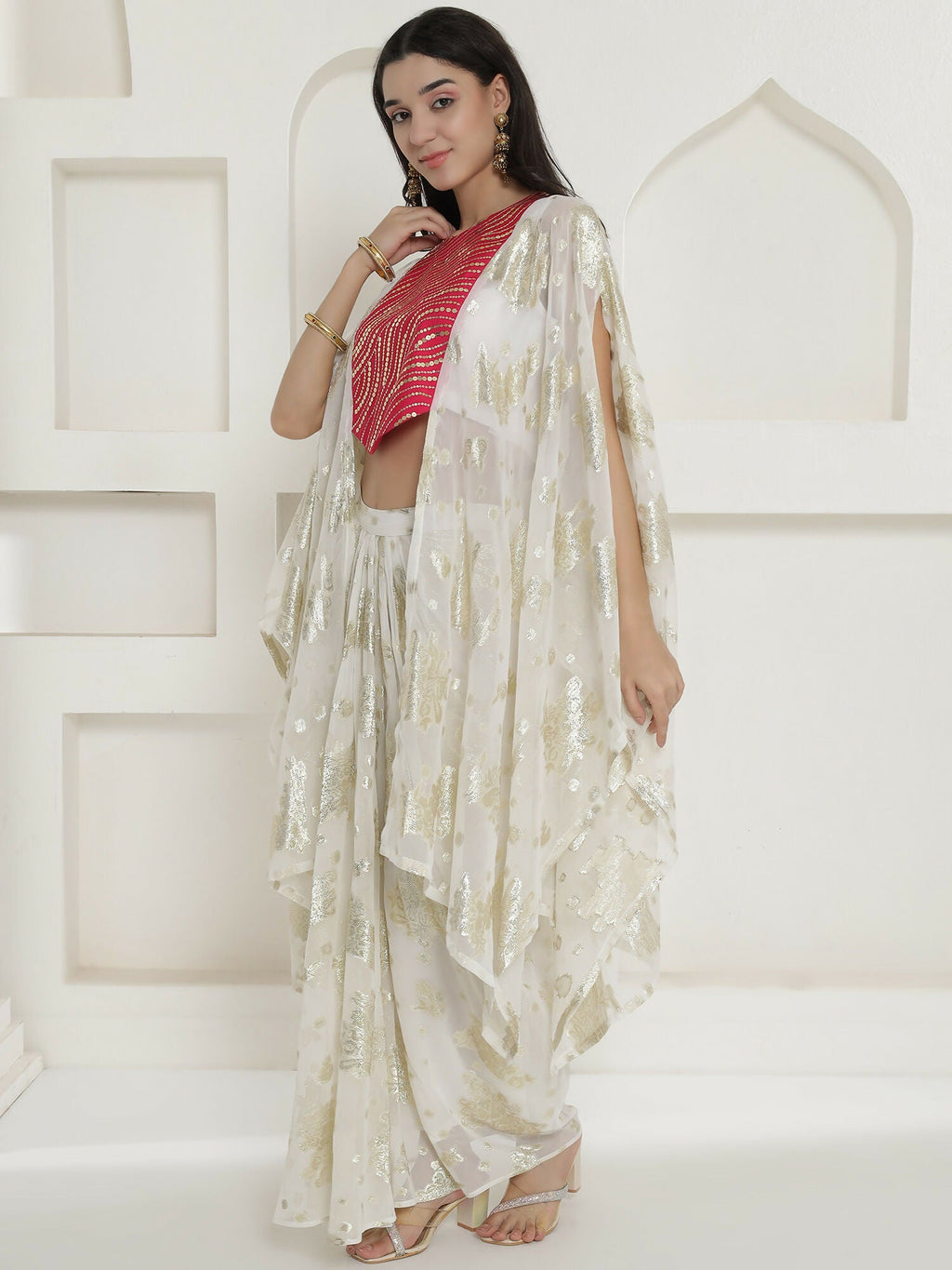 Joban Fashion White & Pink Kaftaan With Skirt