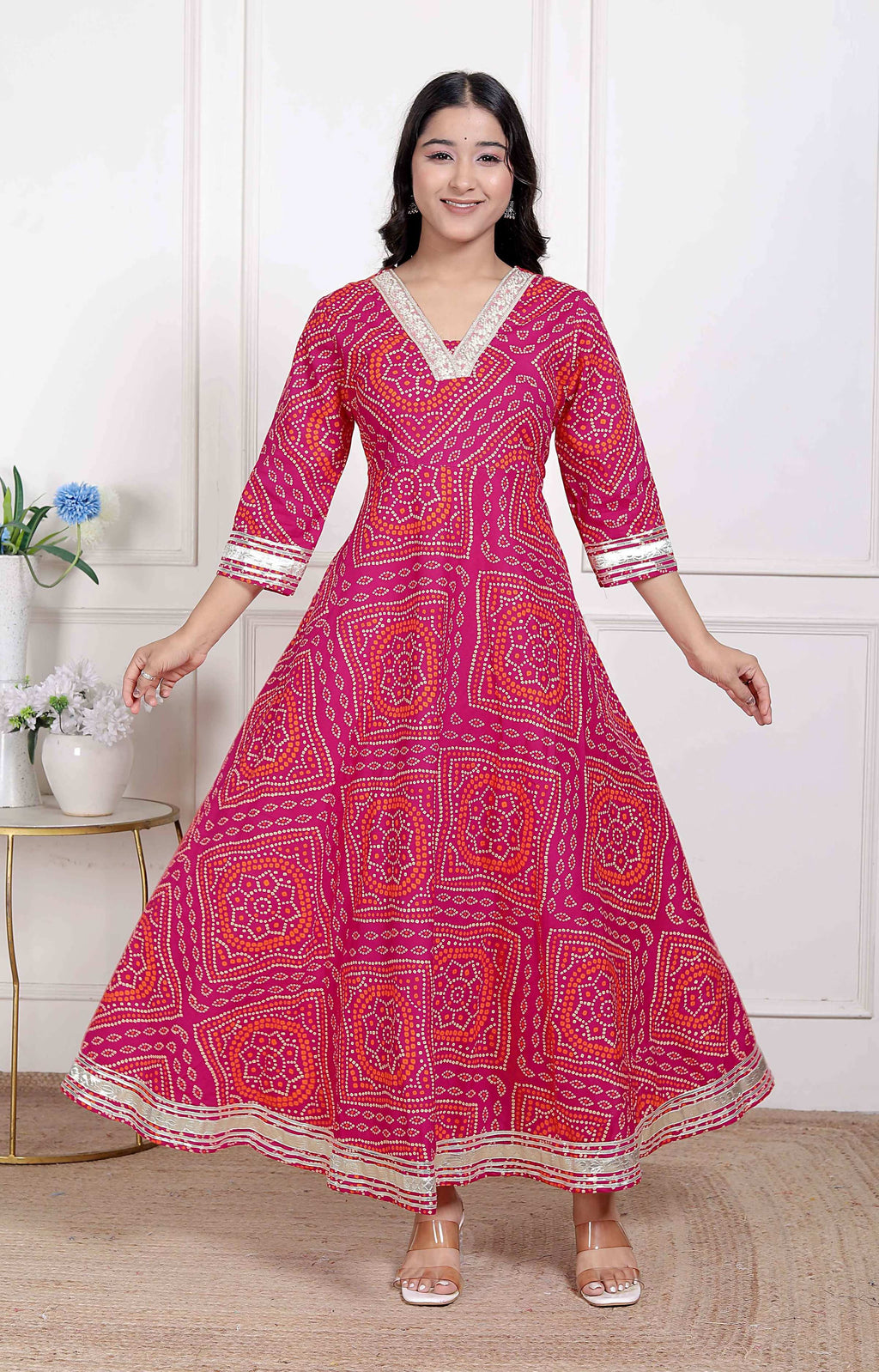 Miravan Women's Pink Cotton Bandhani Ethnic Anarkali Kurta
