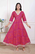 Miravan Women's Pink Cotton Bandhani Ethnic Anarkali Kurta