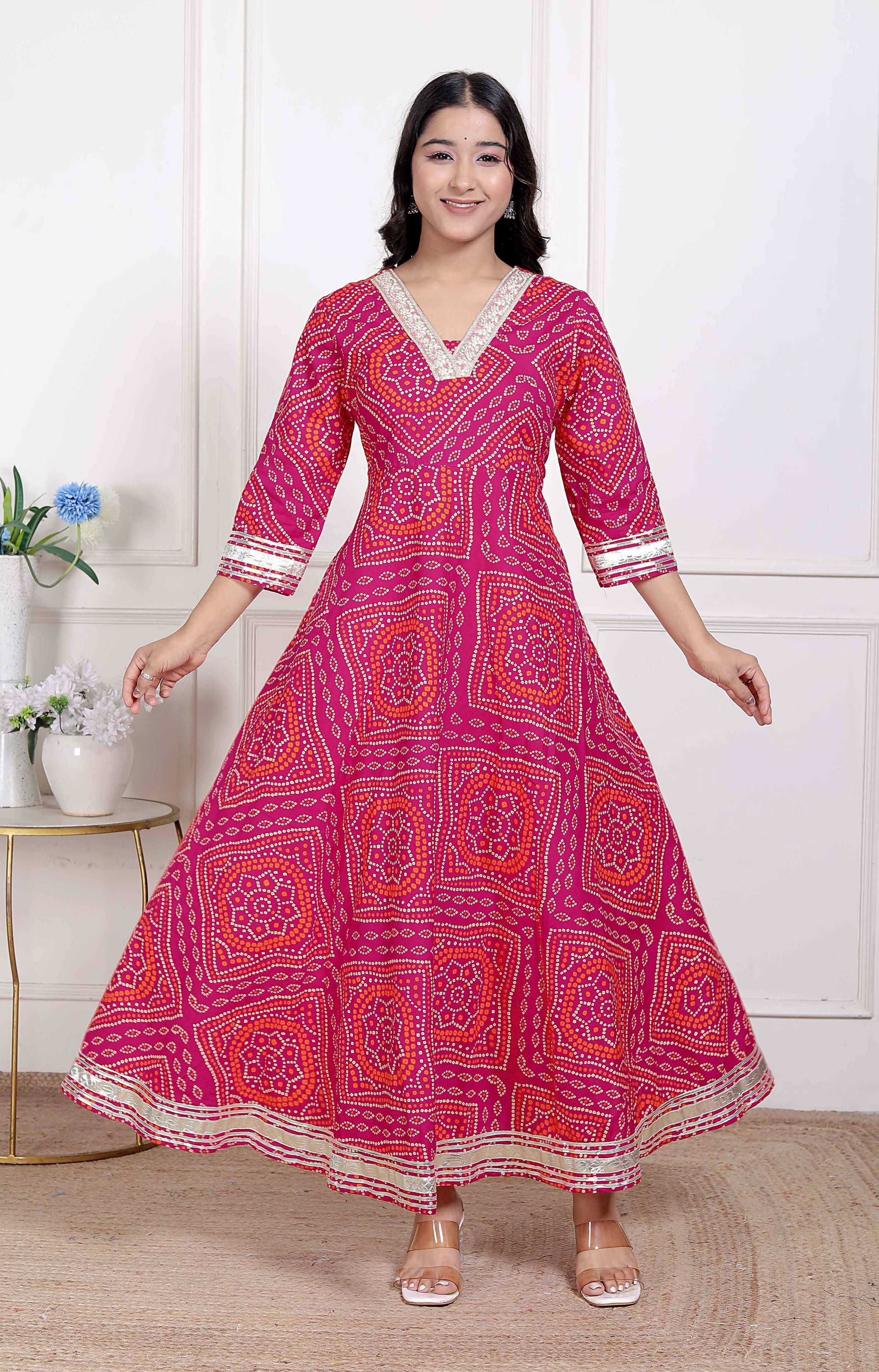 Miravan Women's Pink Cotton Bandhani Ethnic Anarkali Kurta