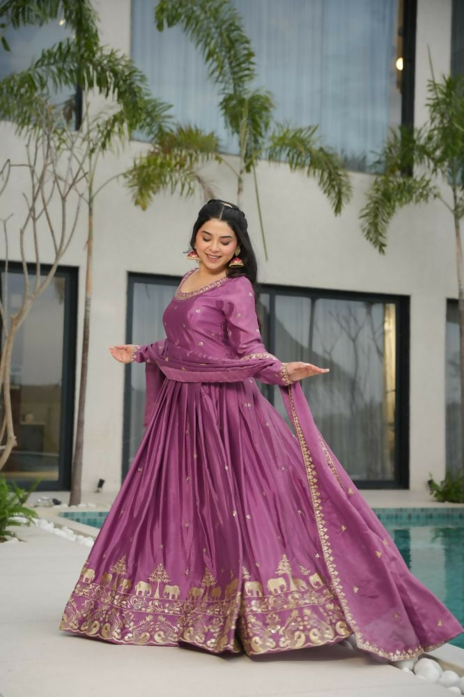 Vastranavya Lavender Chinnon with Embroidery Zari Sequins Work Gown