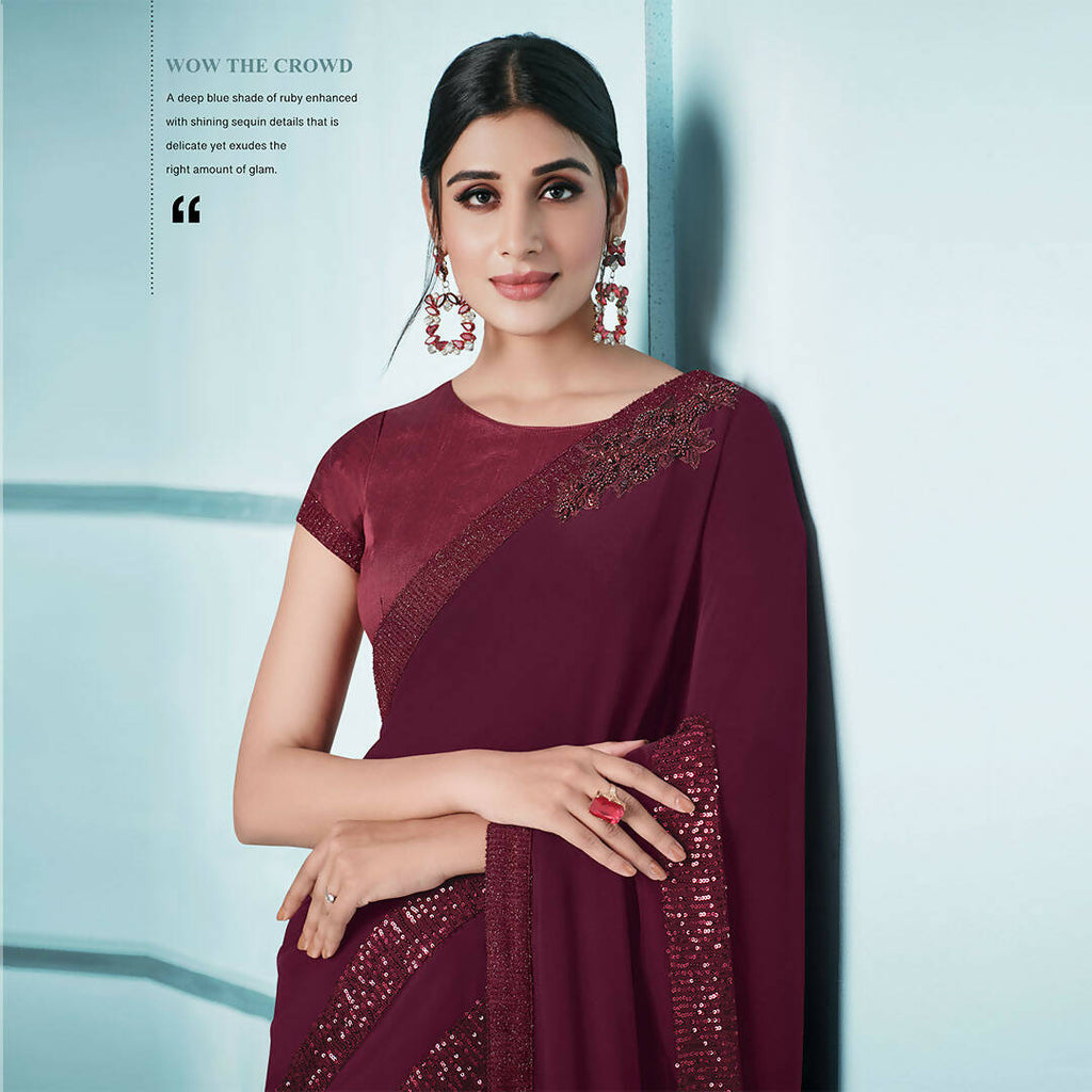 Maroon Lycra sequence Saree with Unstitched Blouse Piece - Norita Elaura
