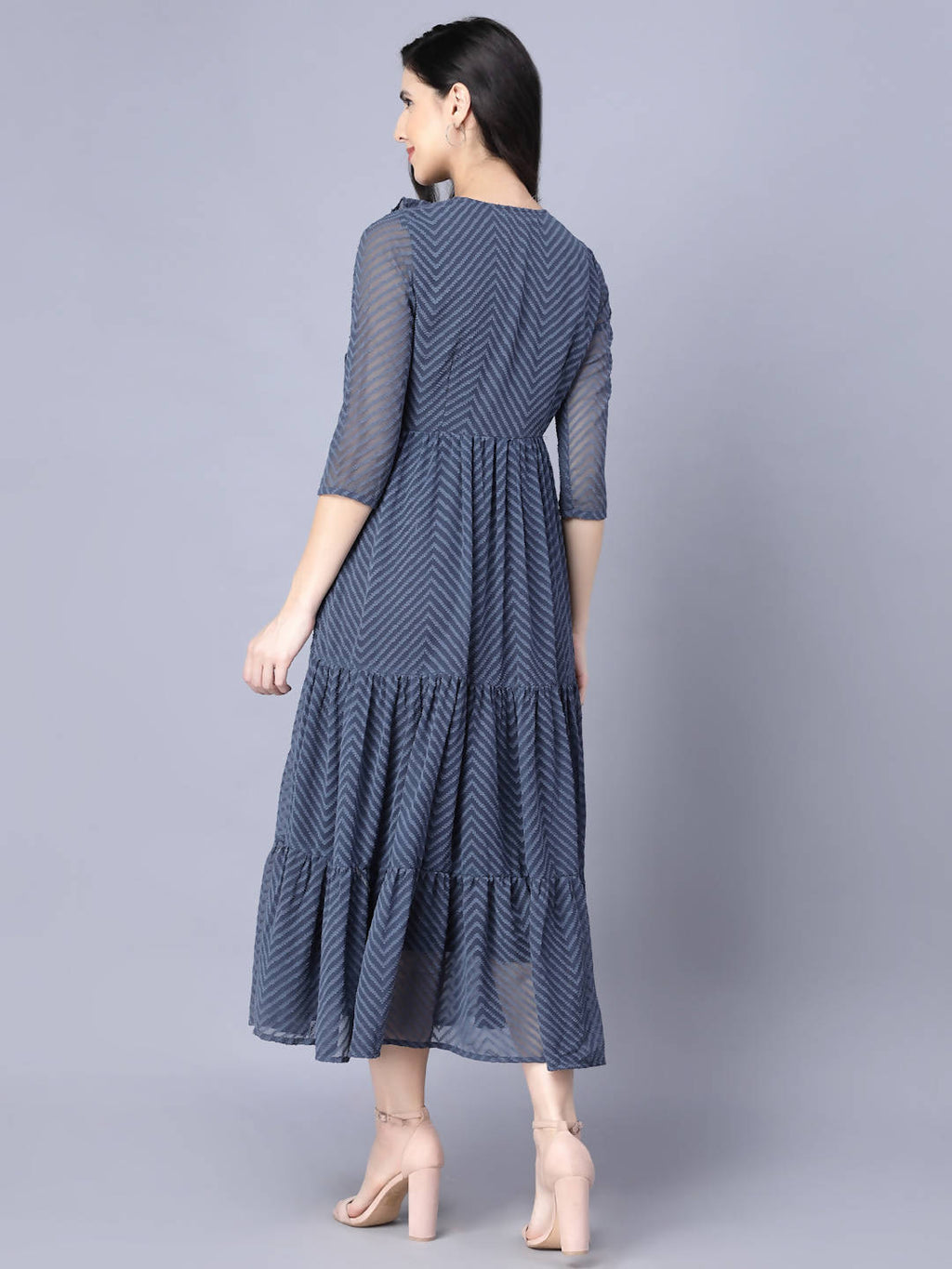 Myshka Georgette Solid 3/4 Sleeve Round Dark Grey Women Dress