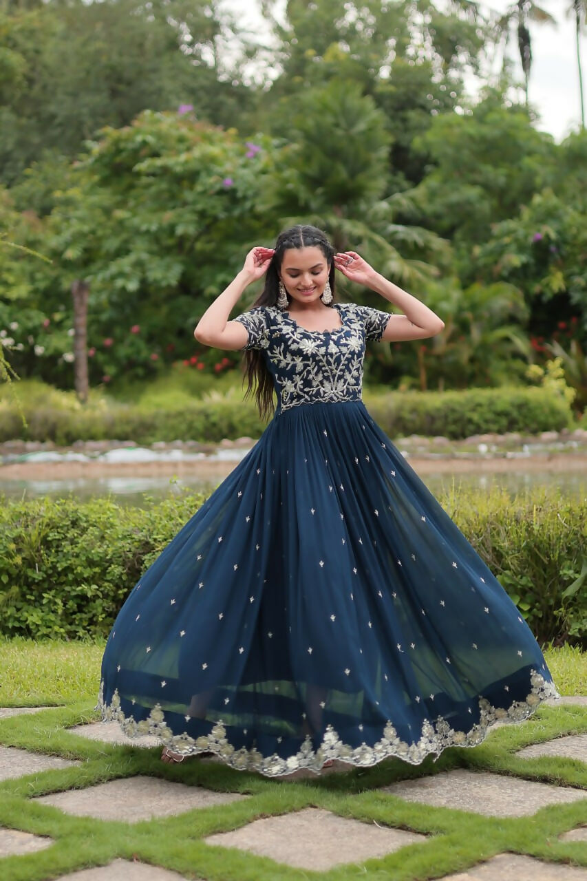 Vastranavya Premium Designer Faux Blooming with Coding Sequins Embroidery work Gown - Teal