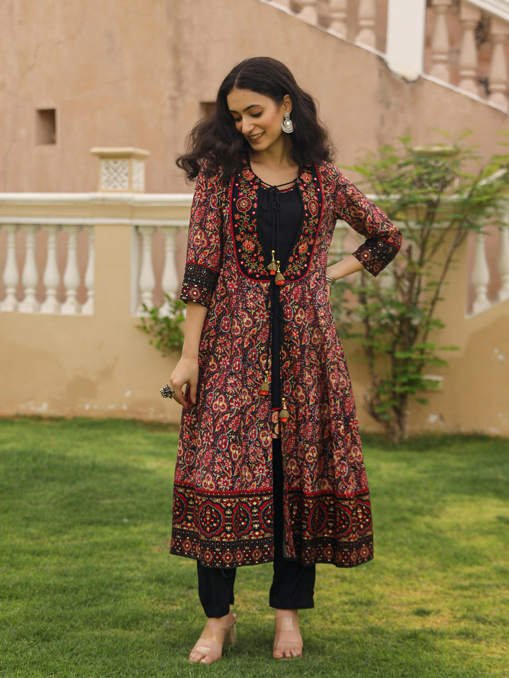 Juniper Women's The Mahautsavam Black Ethnic Motif Printed Muslin Shrug Inner & Pant Set With Thread & Mirror Work