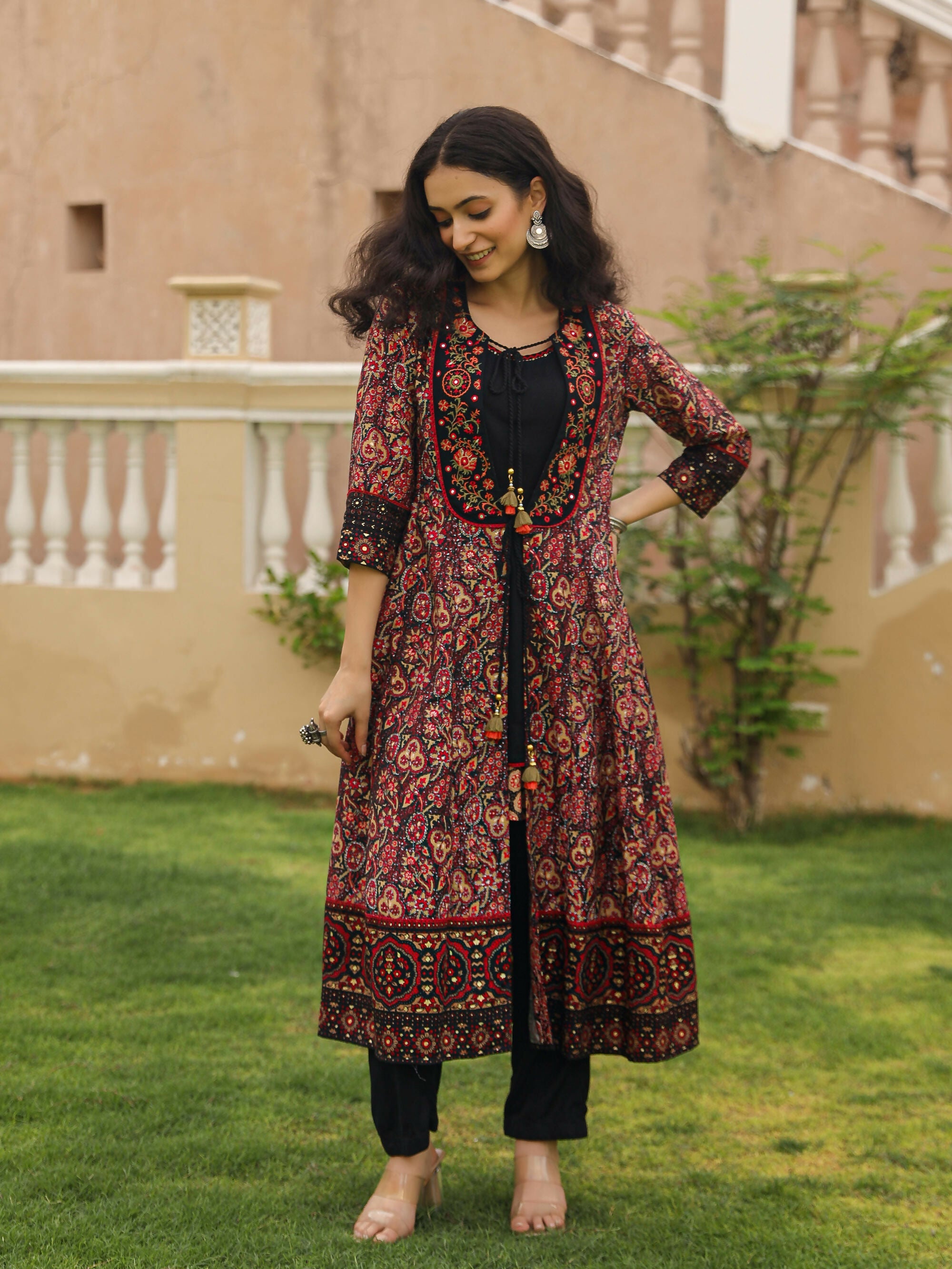 Juniper Women's The Mahautsavam Black Ethnic Motif Printed Muslin Shrug Inner & Pant Set With Thread & Mirror Work