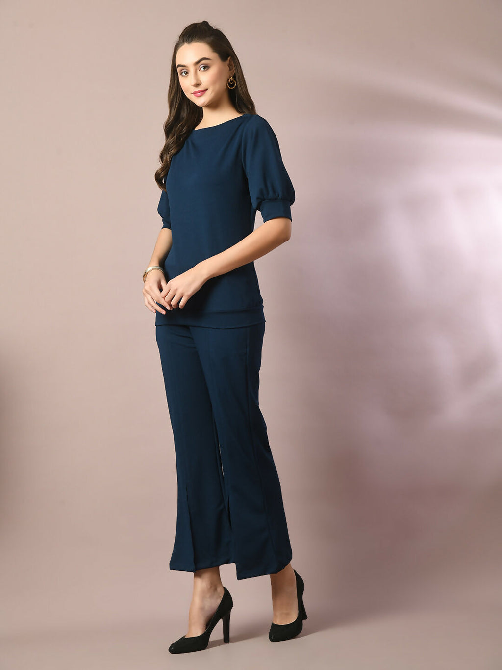 Myshka Women's Blue Solid Boat Neck Party Top With Trousers Co-ord set