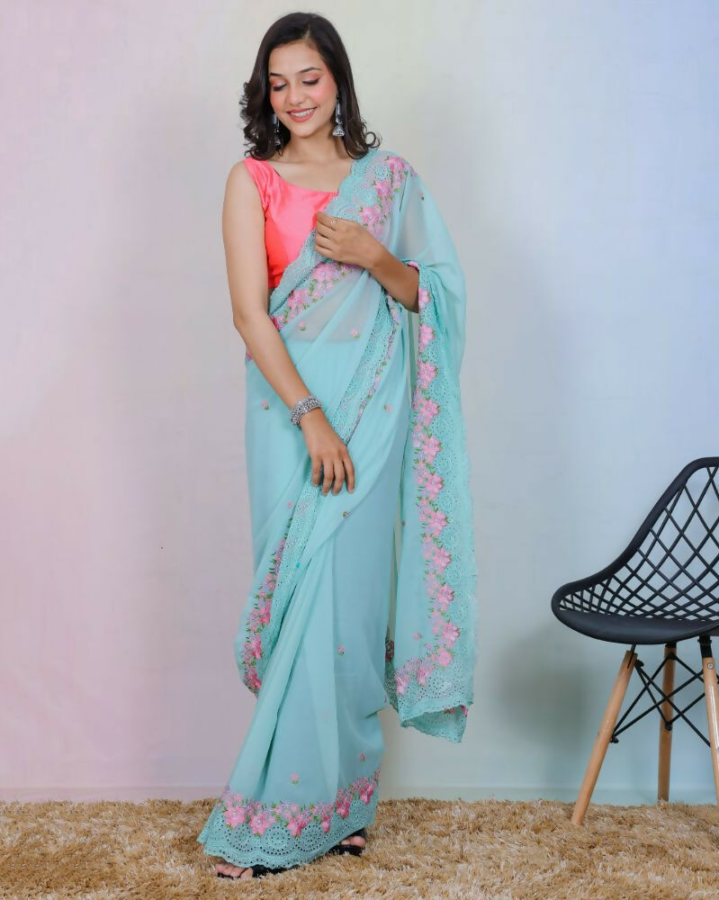 Vamsee Rashmika Blue Georgette Saree