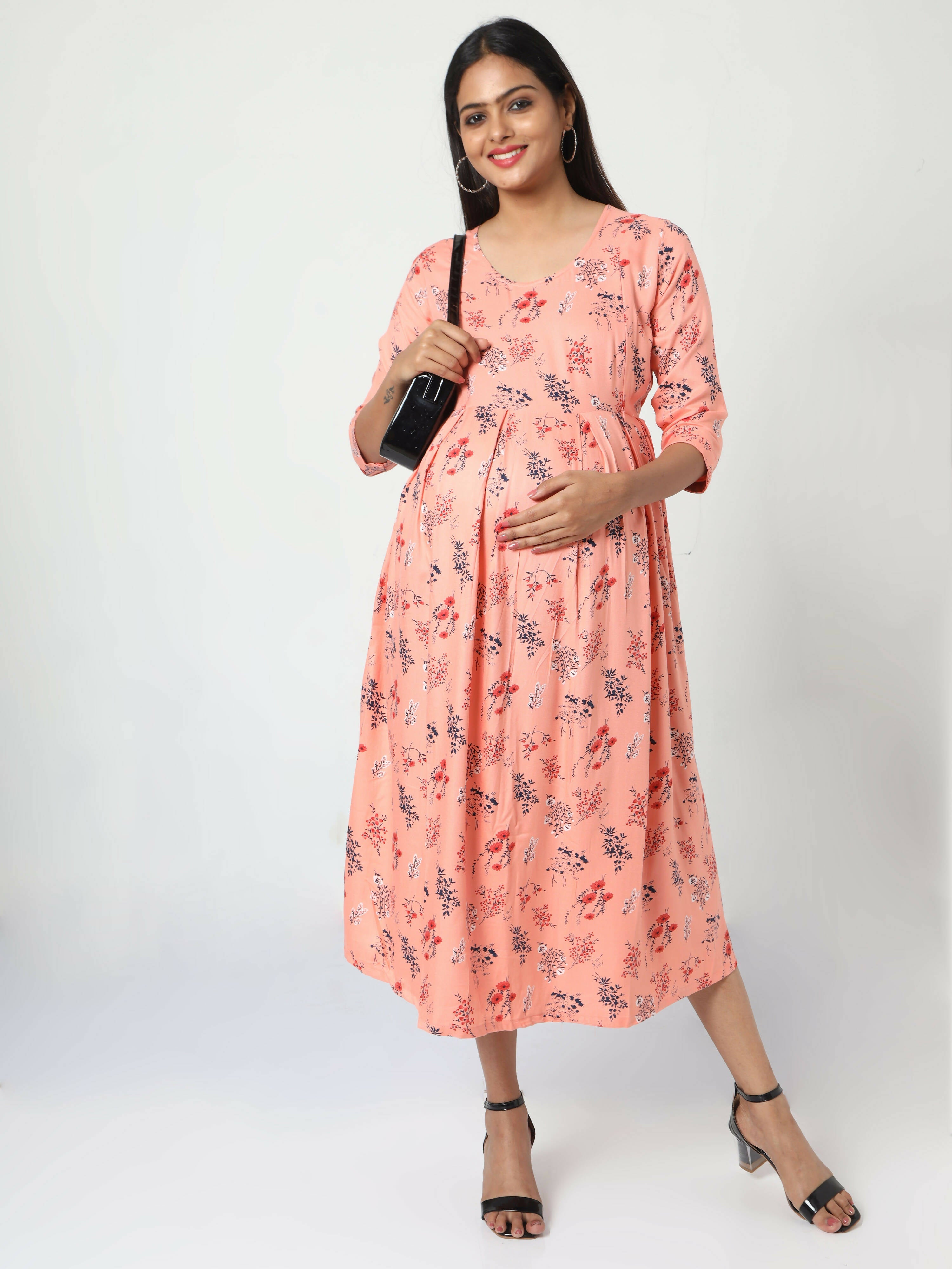 Manet Three Fourth Maternity Dress Floral Print With Concealed Zipper Nursing Access - Orange