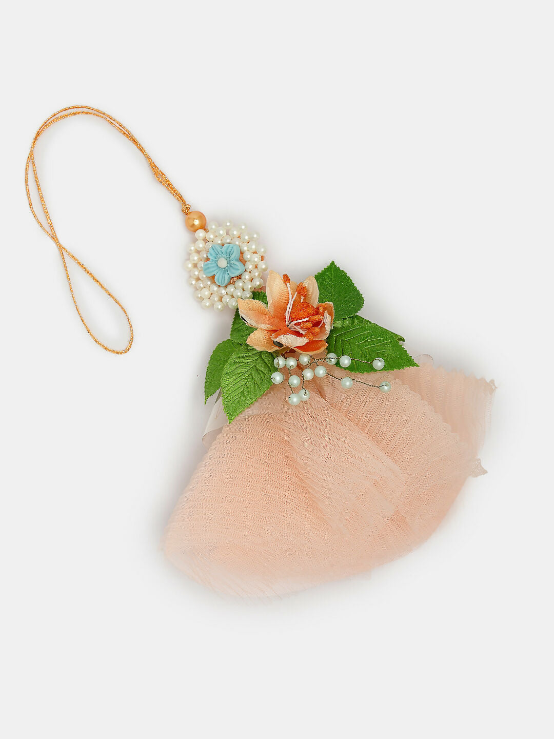 NVR Women & Men Set of 2 Peach Floral Design Pearl Beaded Bhaiya Bhabi Rakhi With Roli Chawal