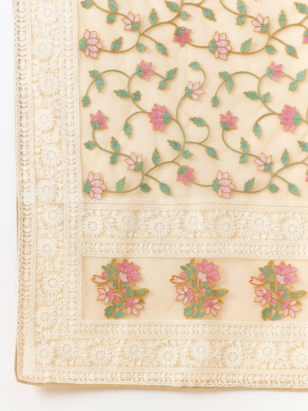 Beige Organza Floral Embroidered Saree with Unstitched Blouse Piece - Roozal