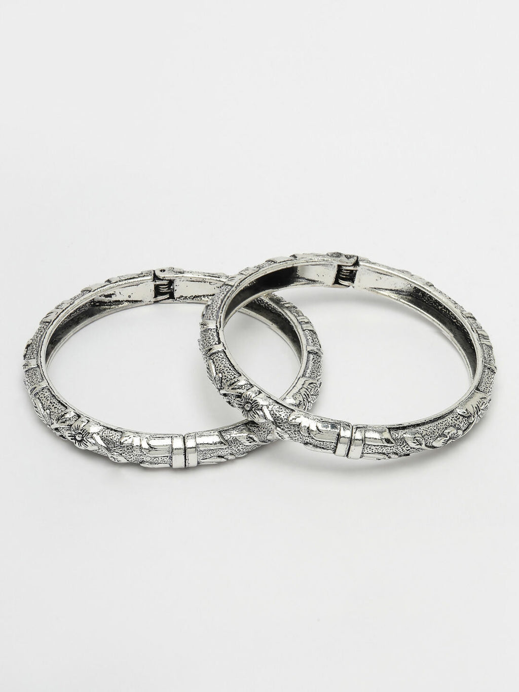 NVR Women's Silver-Toned German Silver Floral Oxidised Kada Bangle