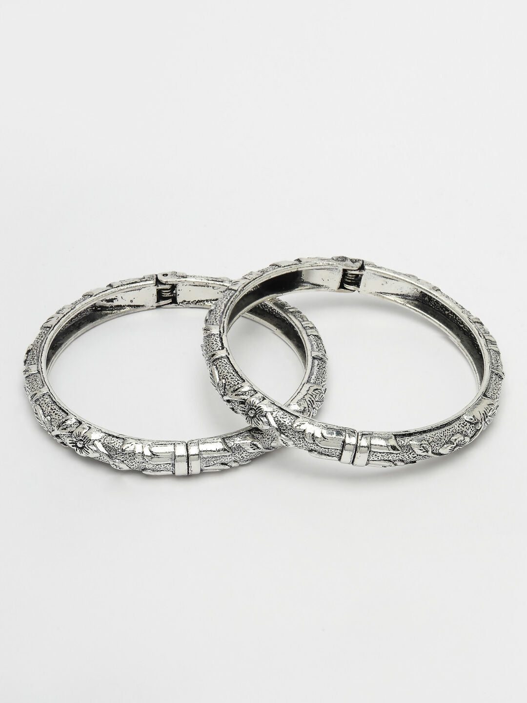 NVR Women's Silver-Toned German Silver Floral Oxidised Kada Bangle