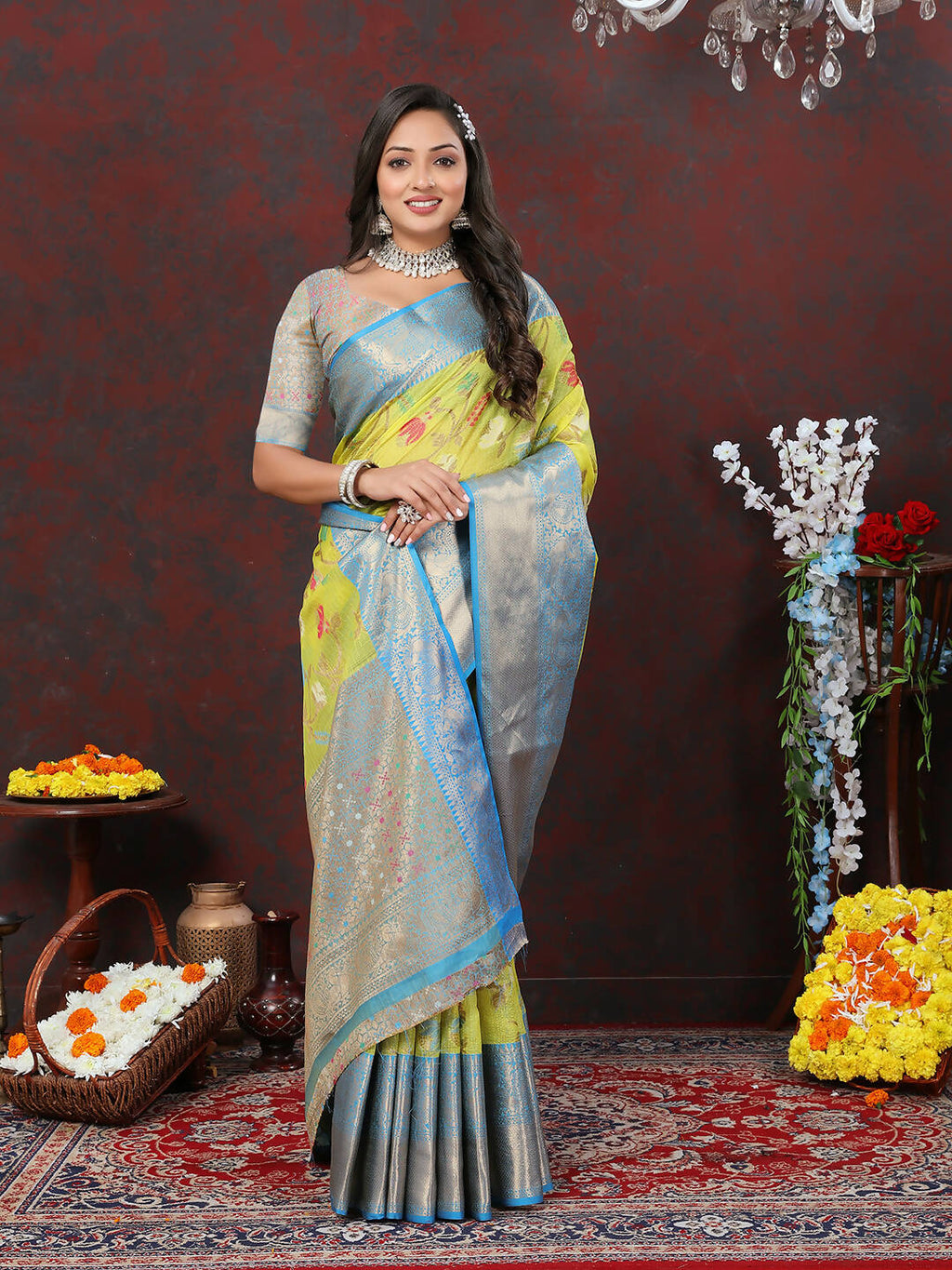 Lorenvalley Fashion Yellow Cotton Woven Design Zari Meenakari Weaving Saree
