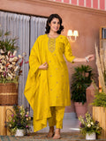 Juniper Women's Yellow Thread Embroidered Viscose Kurta Pant And Dupatta Set With Zari Work