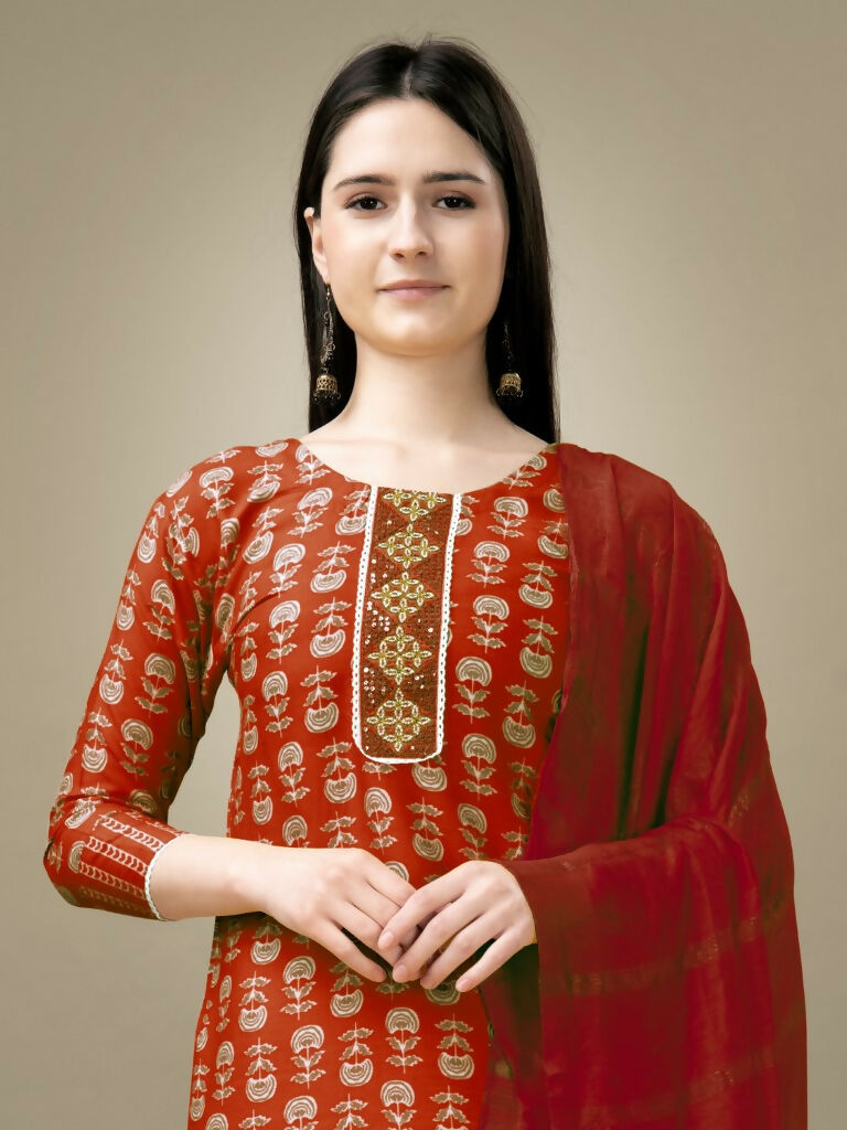 Jyoti Fashion Women's Maroon Rayon Embroidery & Sequence work Kurta with Trouser & Dupatta