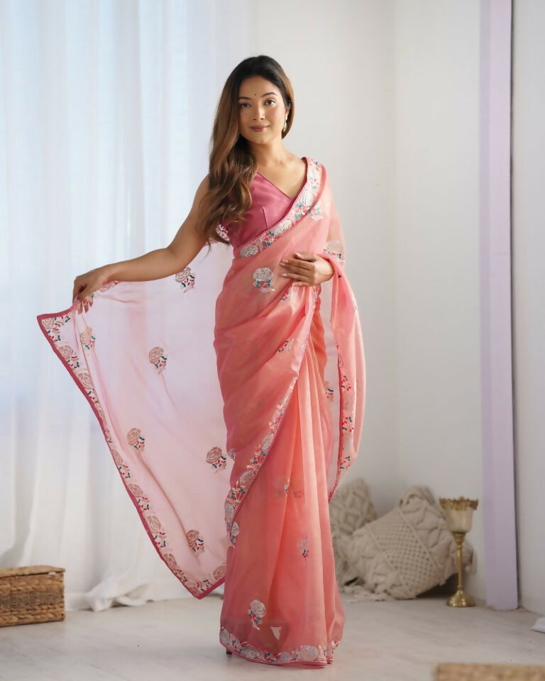 Peach Gold Twill Net Multy Thread, Sequance Embroidery Work Saree - Kriti