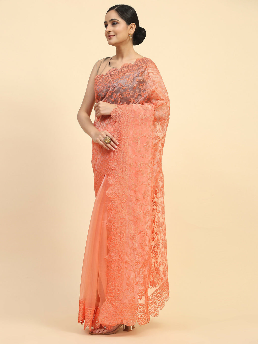 Vamsee Sujal Orange Organza Saree