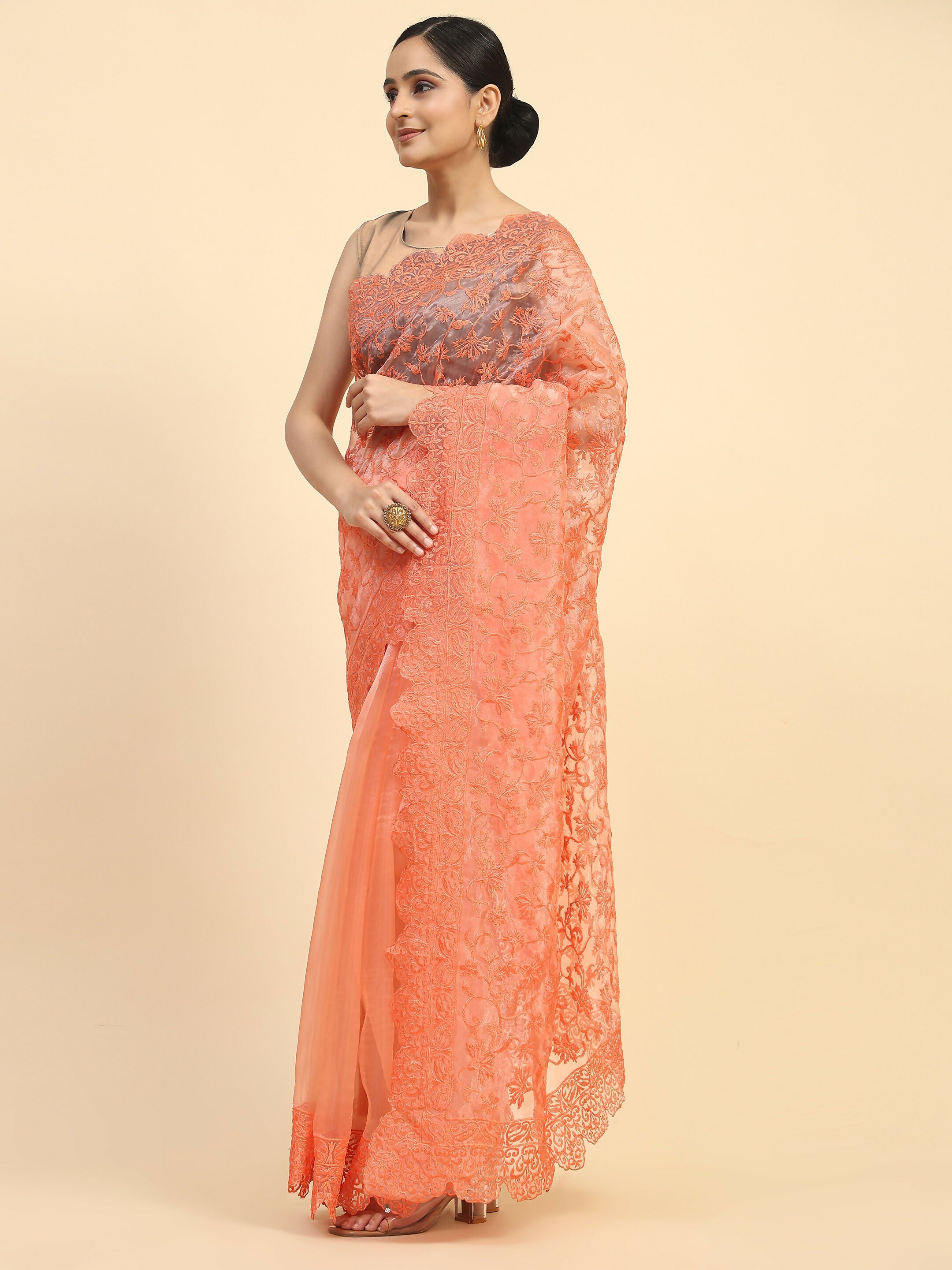 Vamsee Sujal Orange Organza Saree