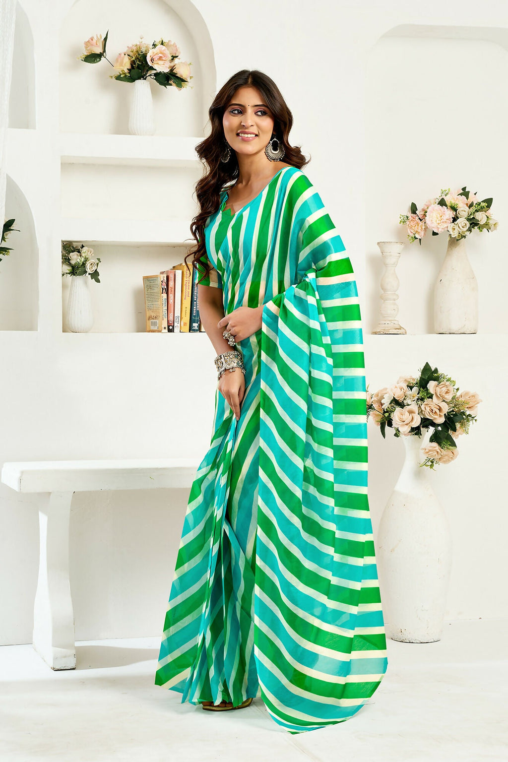 Vastranavya Green Digital Printed Linen Ready To Wear Designer Saree with Unstitched Blouse