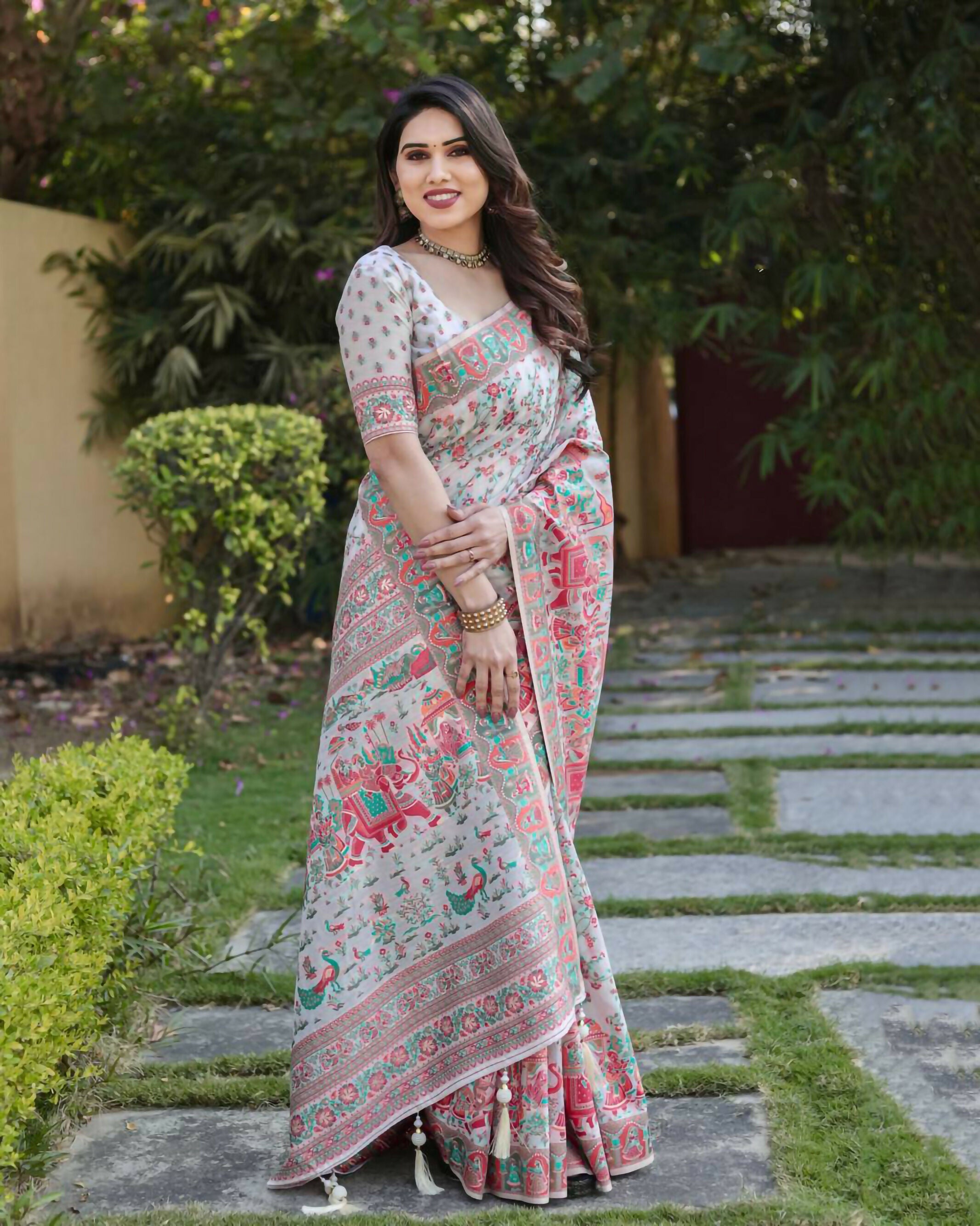 Vastranavya Luxury and Beautiful Soft, Smooth, Flowing Original Pashmina Soft Cotton Saree with Matching Blouse Fabric - Off White