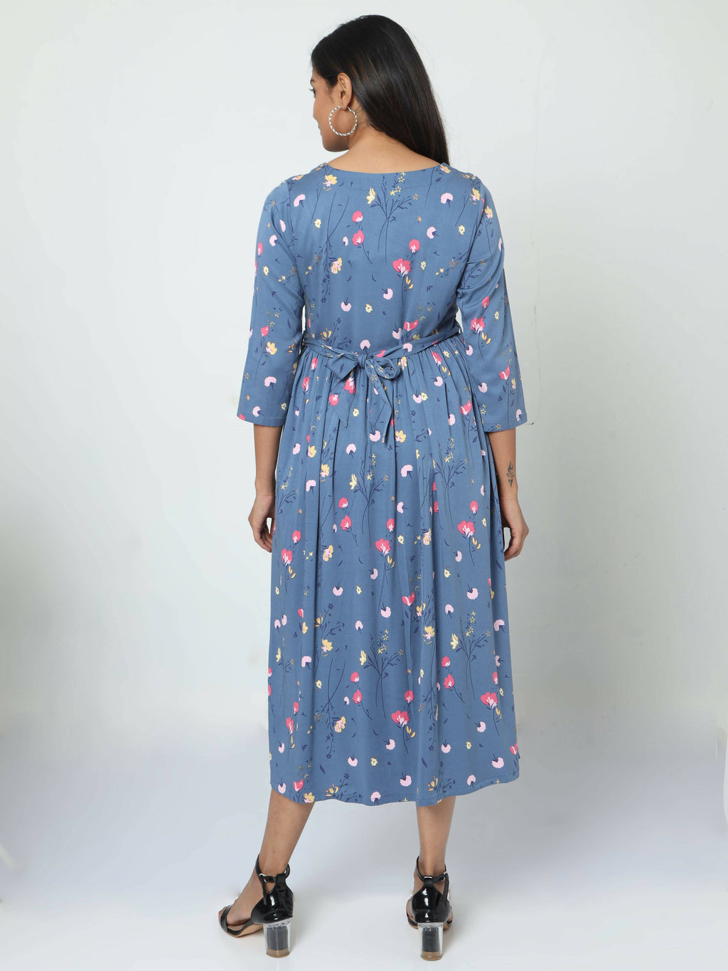 Manet Three Fourth Maternity Dress Floral Print With Concealed Zipper Nursing Access - Dark Grey