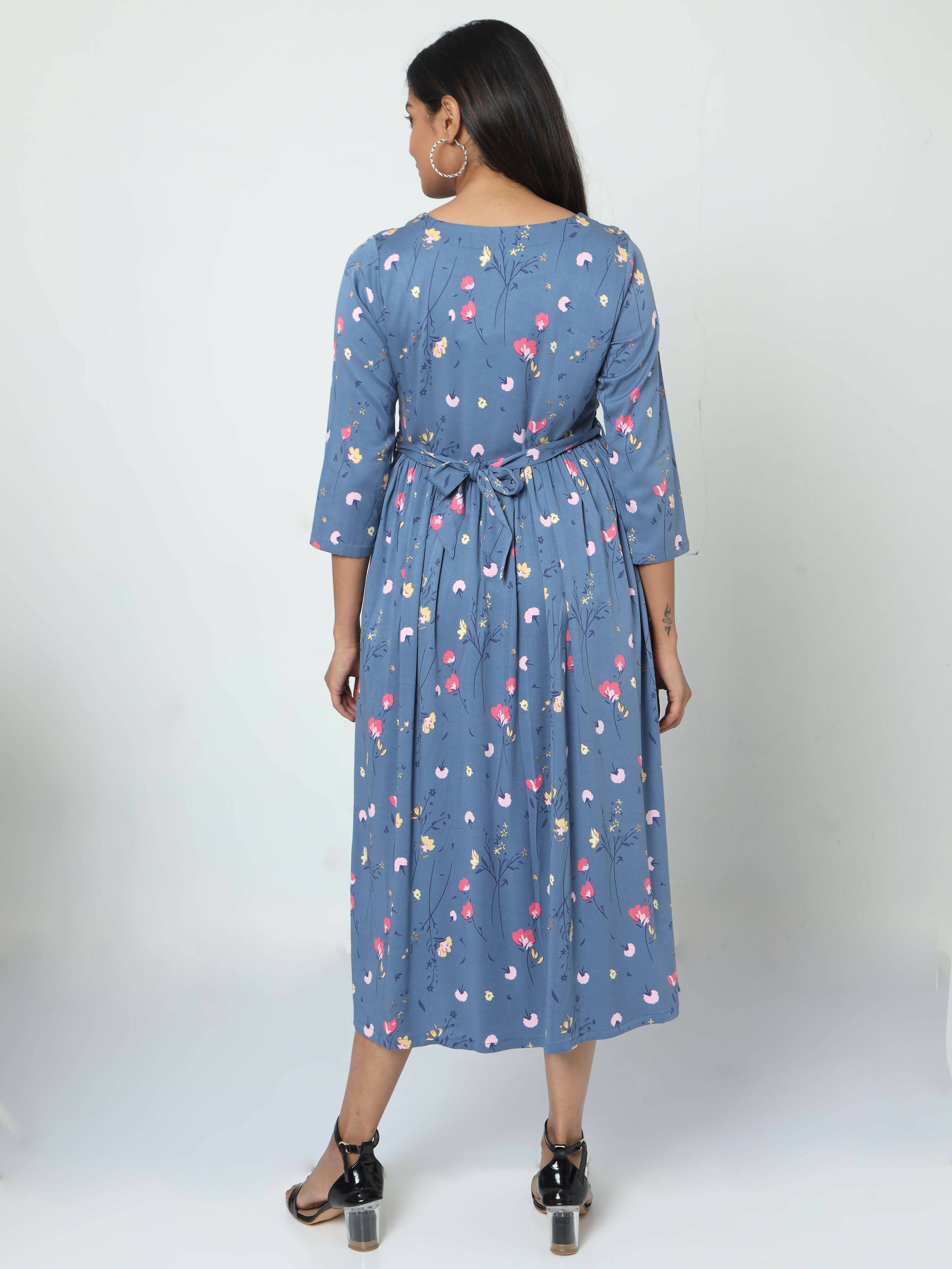 Manet Three Fourth Maternity Dress Floral Print With Concealed Zipper Nursing Access - Dark Grey