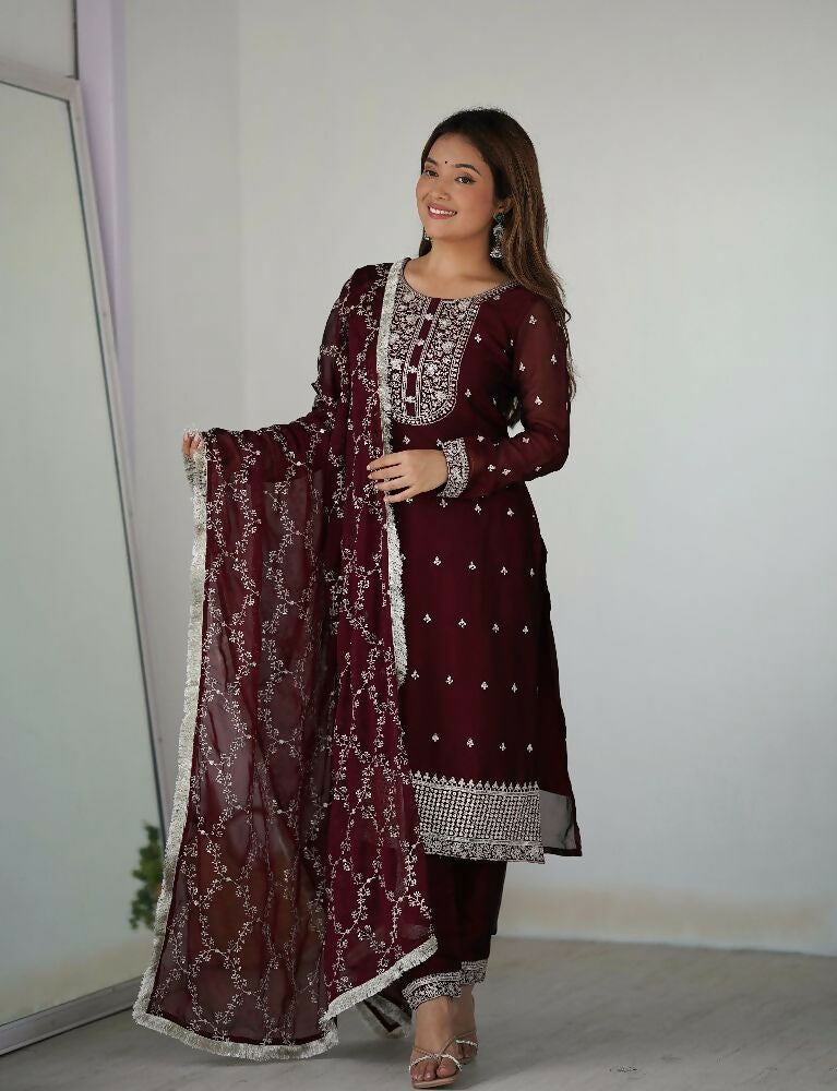 Joban Fashion Wine Kurta Set Silk Sequence Embroidery Work