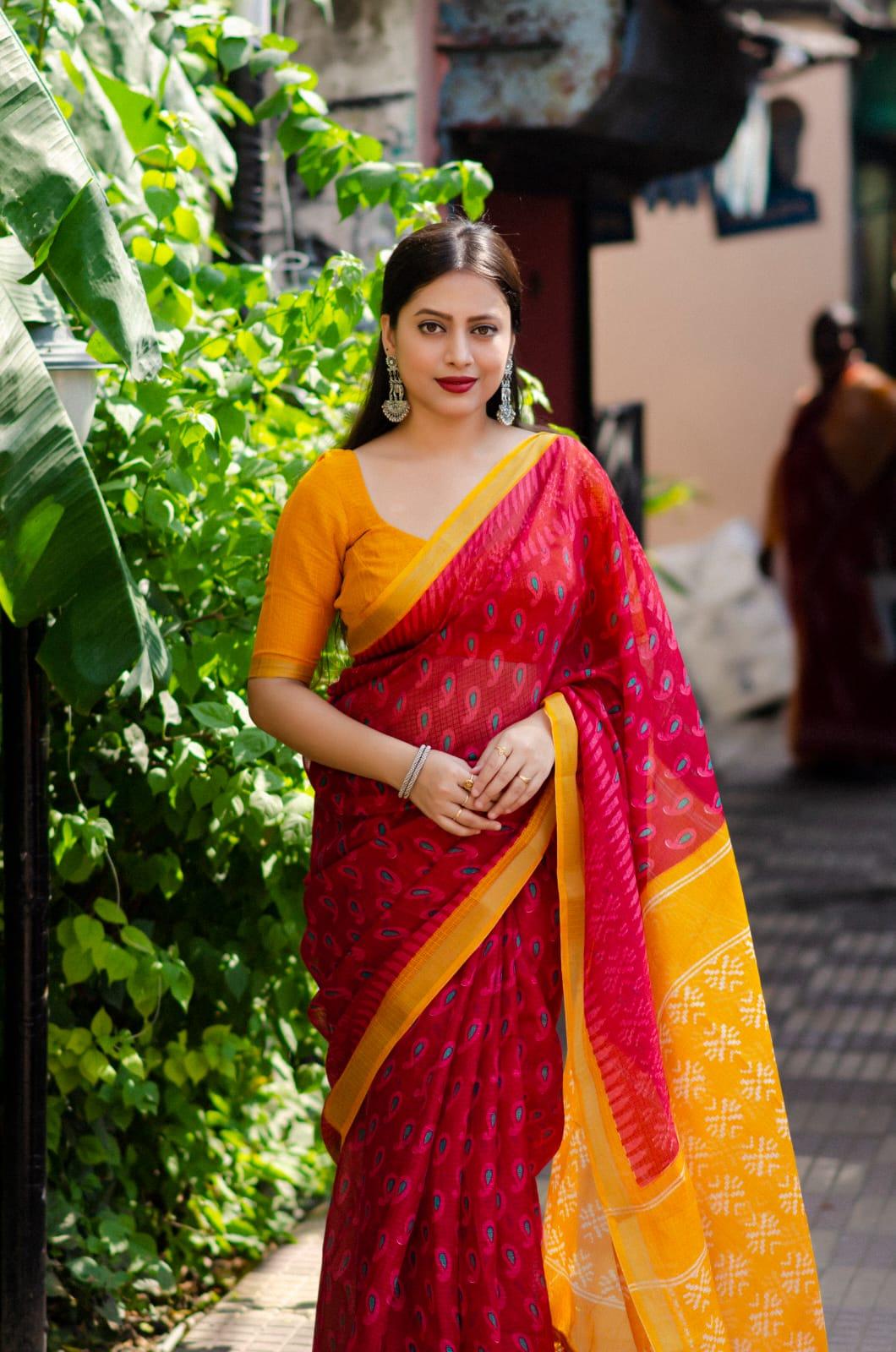 Light Red Polycotton Ethnic Motifs Saree with Unstitched Blouse - Hiral Fashion