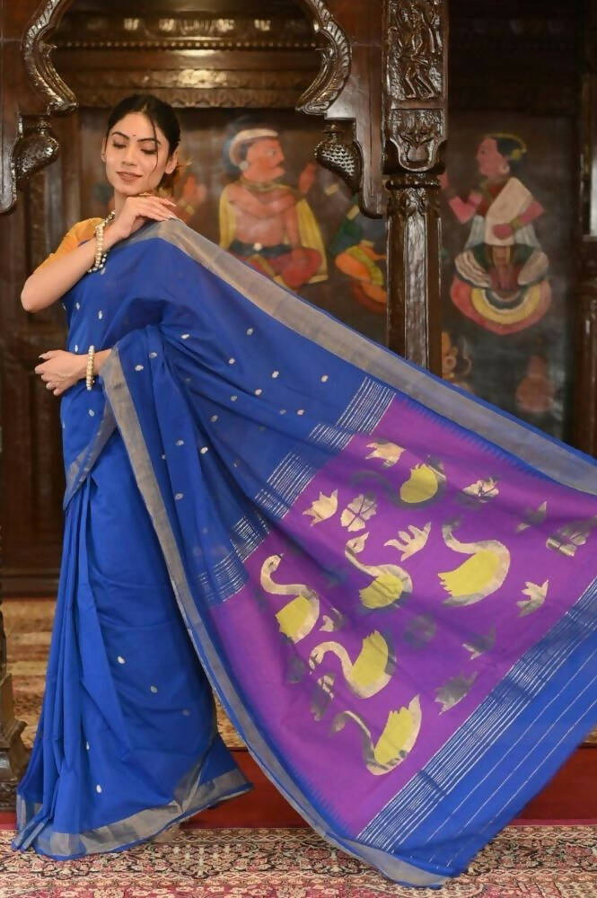 Very Much Indian Handloom Pure Cotton Paithani Swan Pallu-Marine Blue