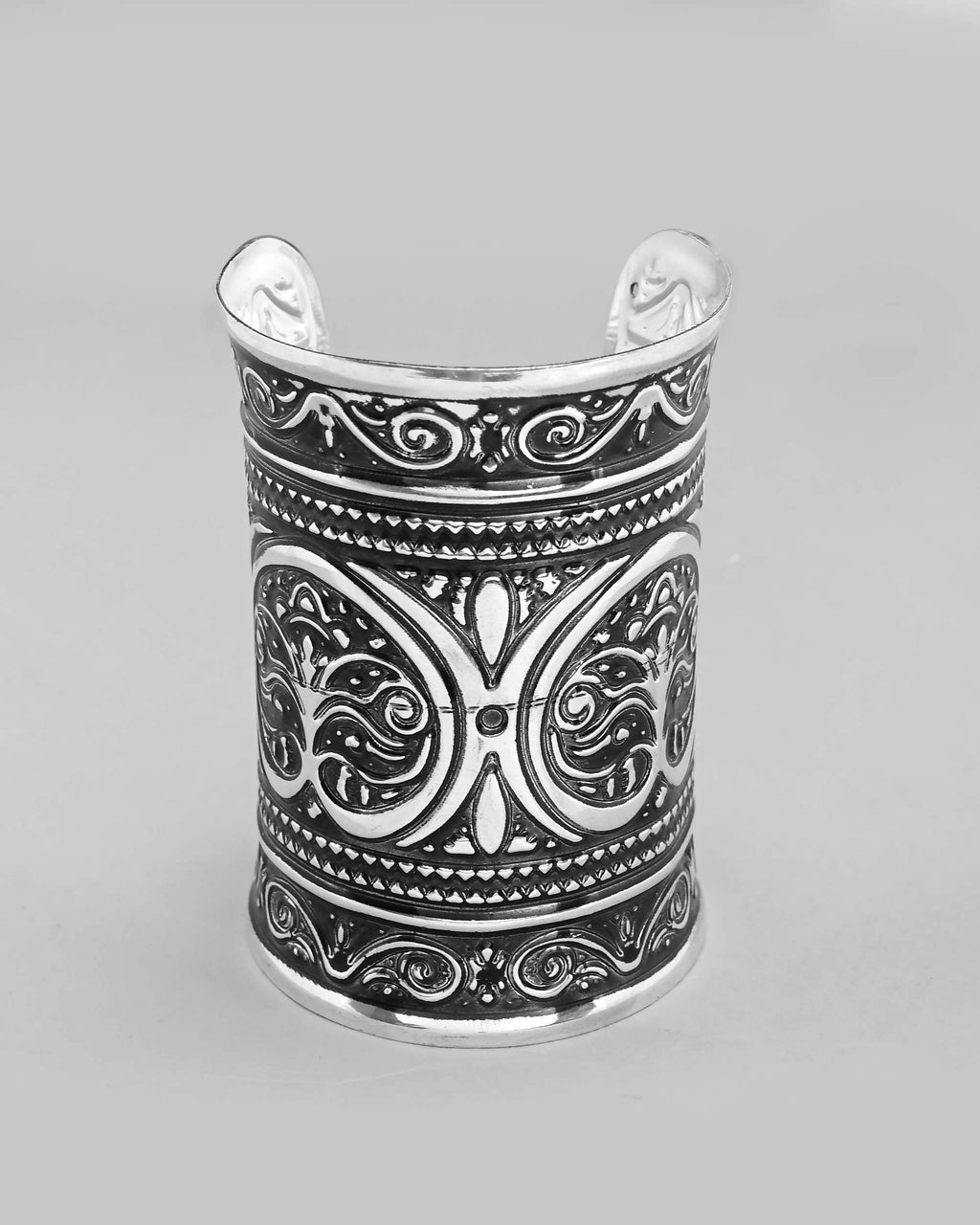 VOJ Silver Plated Oxidised Long Cuff Bracelet