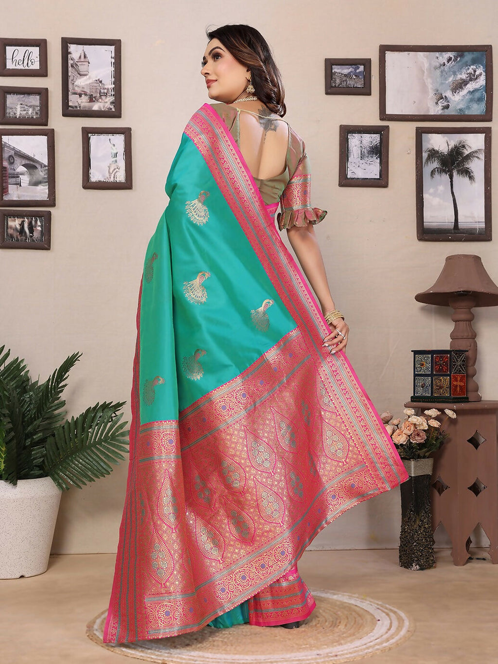 Joban Fashion Banarasi Turquoise Small Butti Soft Silk Saree