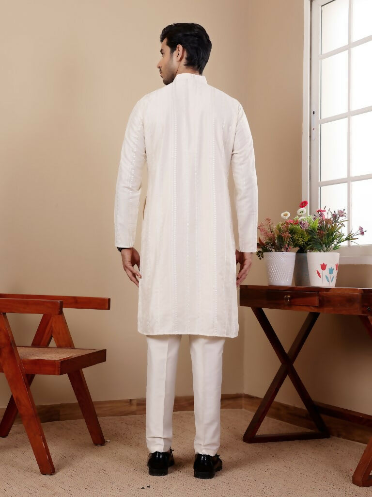 Off Whit Silk Designer Embroidery Work Men's Rajwadi Kurta Set - Mahotsav