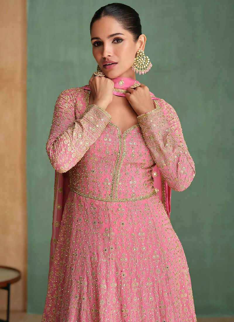 Vastranavya Peach Georgette Seroski Diamond Embroidered Sequins A Line Stunning Anarkali Suit