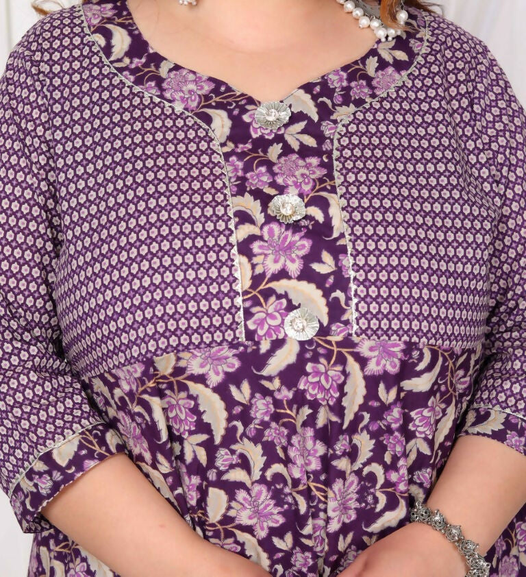 Miravan Women's Plus Size Purple cotton Floral Gota Lace Work Anarkali Kurta And Dupatta
