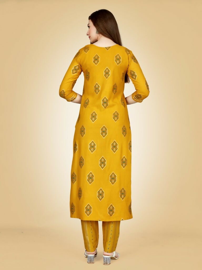 Jyoti Fashion Women's Yellow Viscose Rayon Embroidered Kurta Pant Set