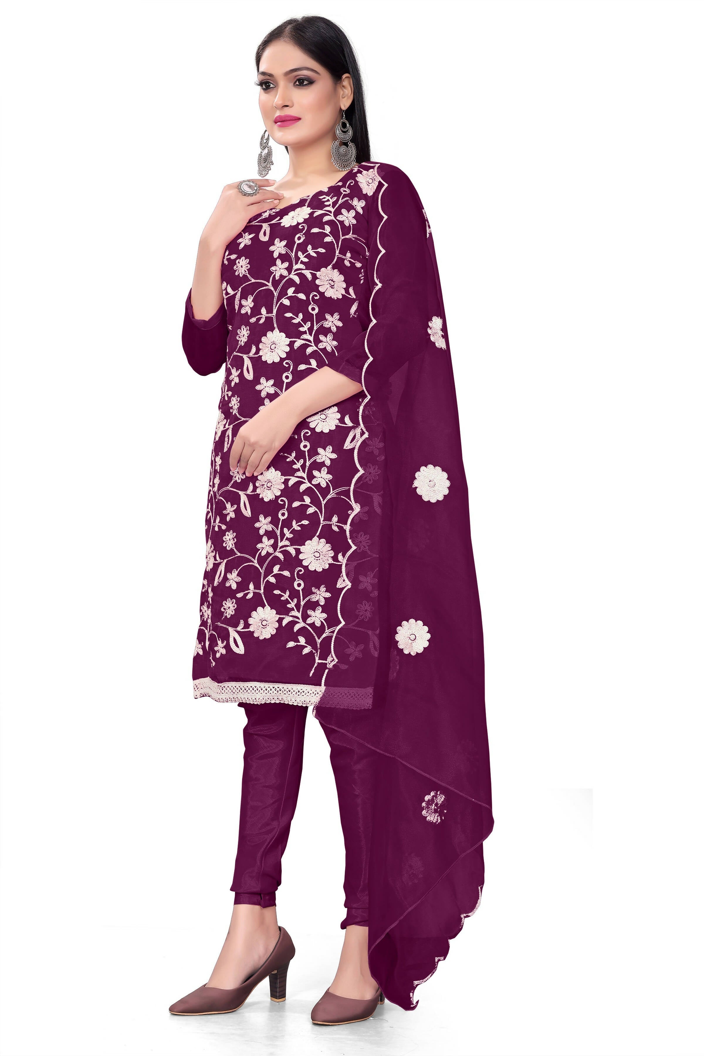 Purple Organza Silk Embroidered Work Unstitched Dress Material - Tanvi