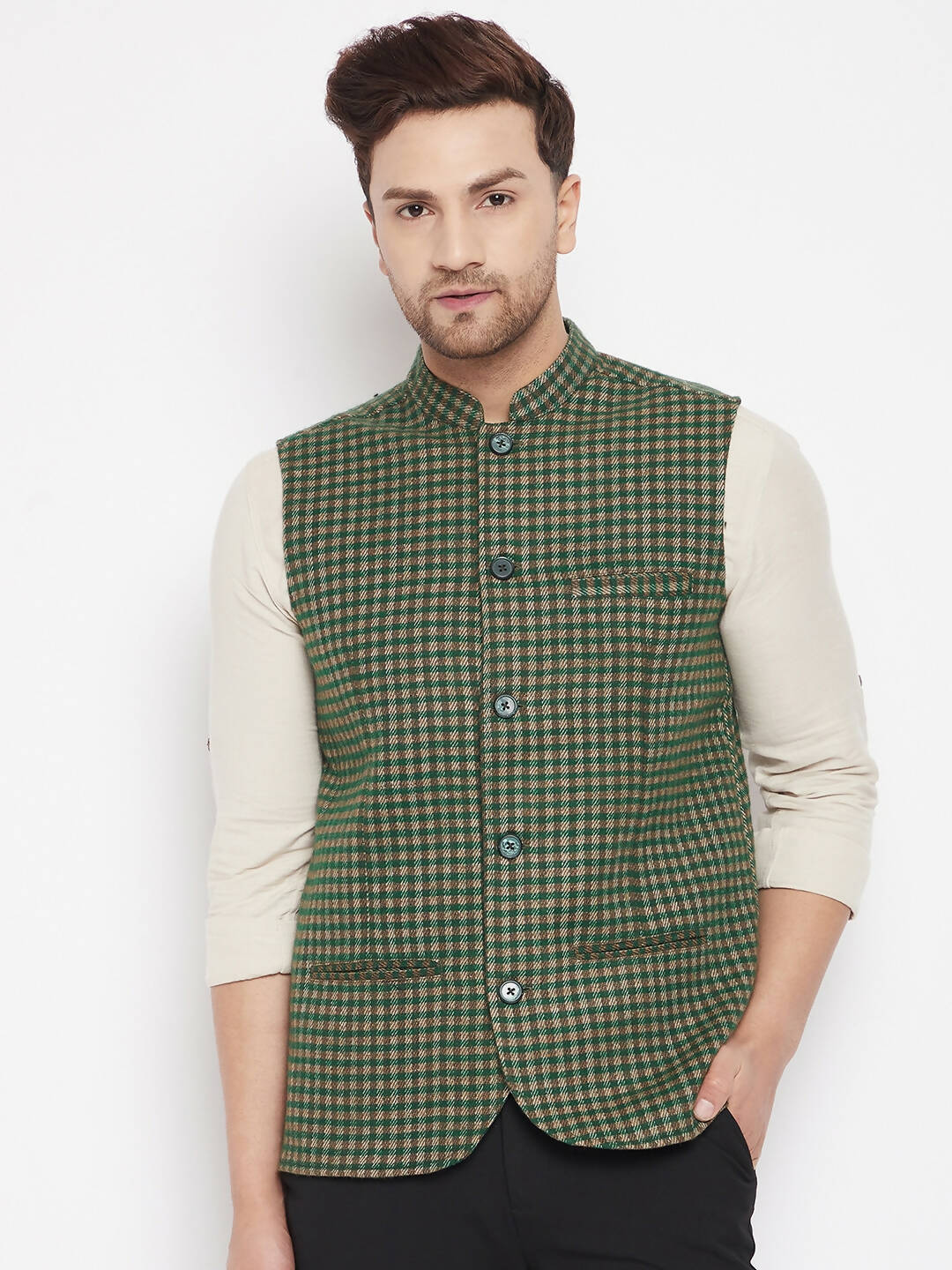 Even Apparels Green Wool Men Woven Nehru Jacket