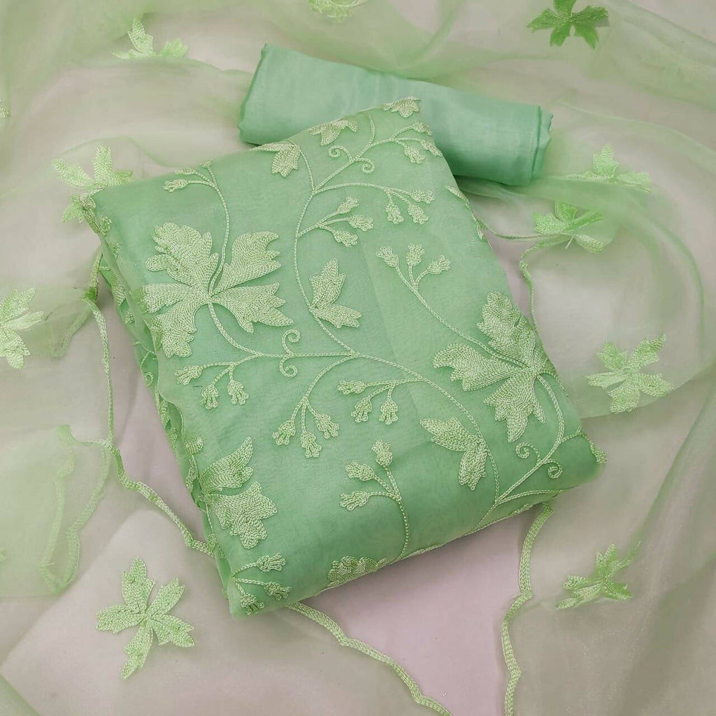 Green Heavy Organza Silk Embroidered Unstitched Dress Material - Amara