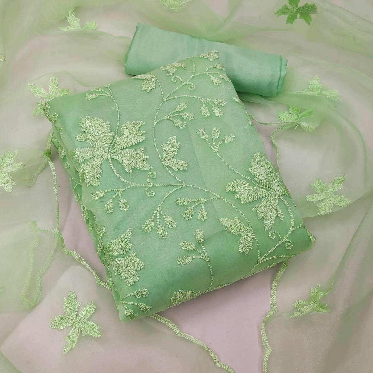 Green Heavy Organza Silk Embroidered Unstitched Dress Material - Amara