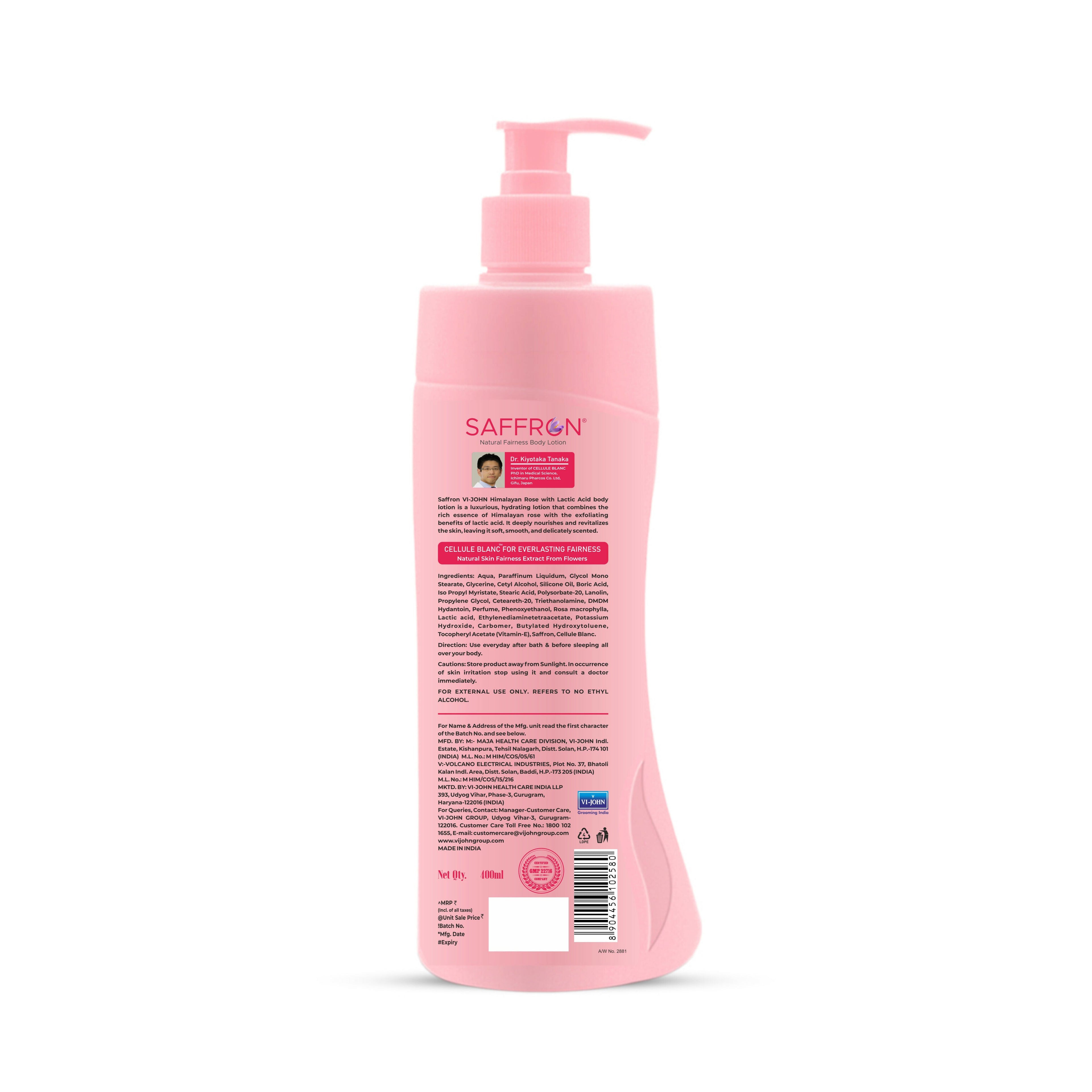 VI-JOHN Saffron Natural Fairness Body Lotion Himalayan Rose with Lactic Acid Deep Nourishment for Soft & Radiant Skin For All Skin Types