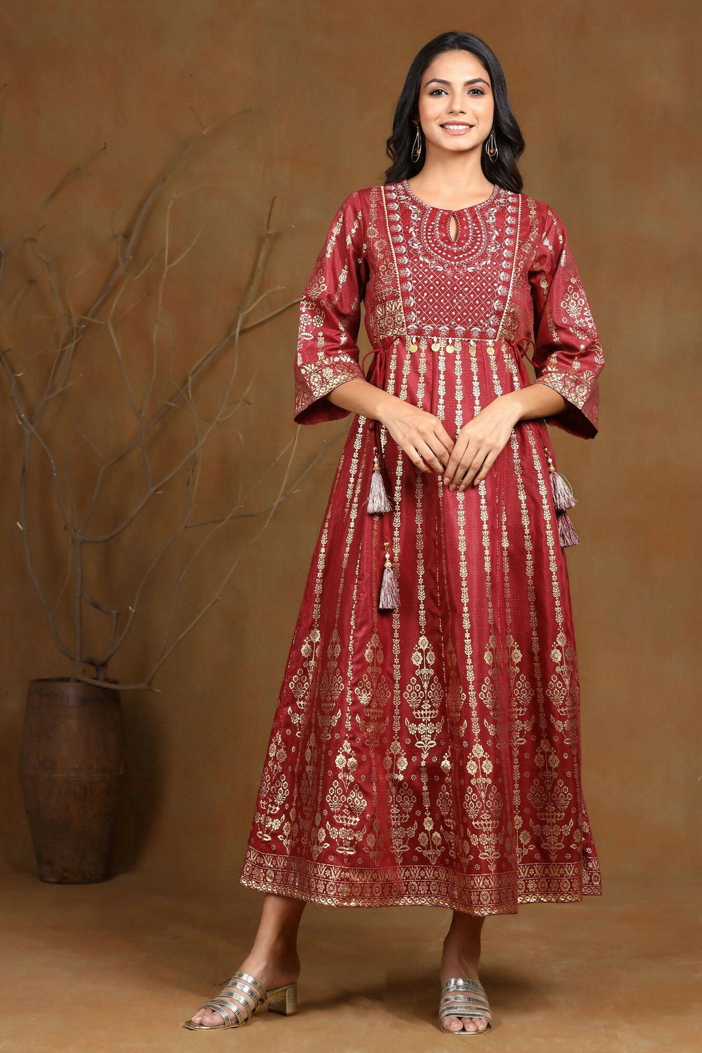 Juniper Women Maroon Shantoon Printed Anarkali Dress