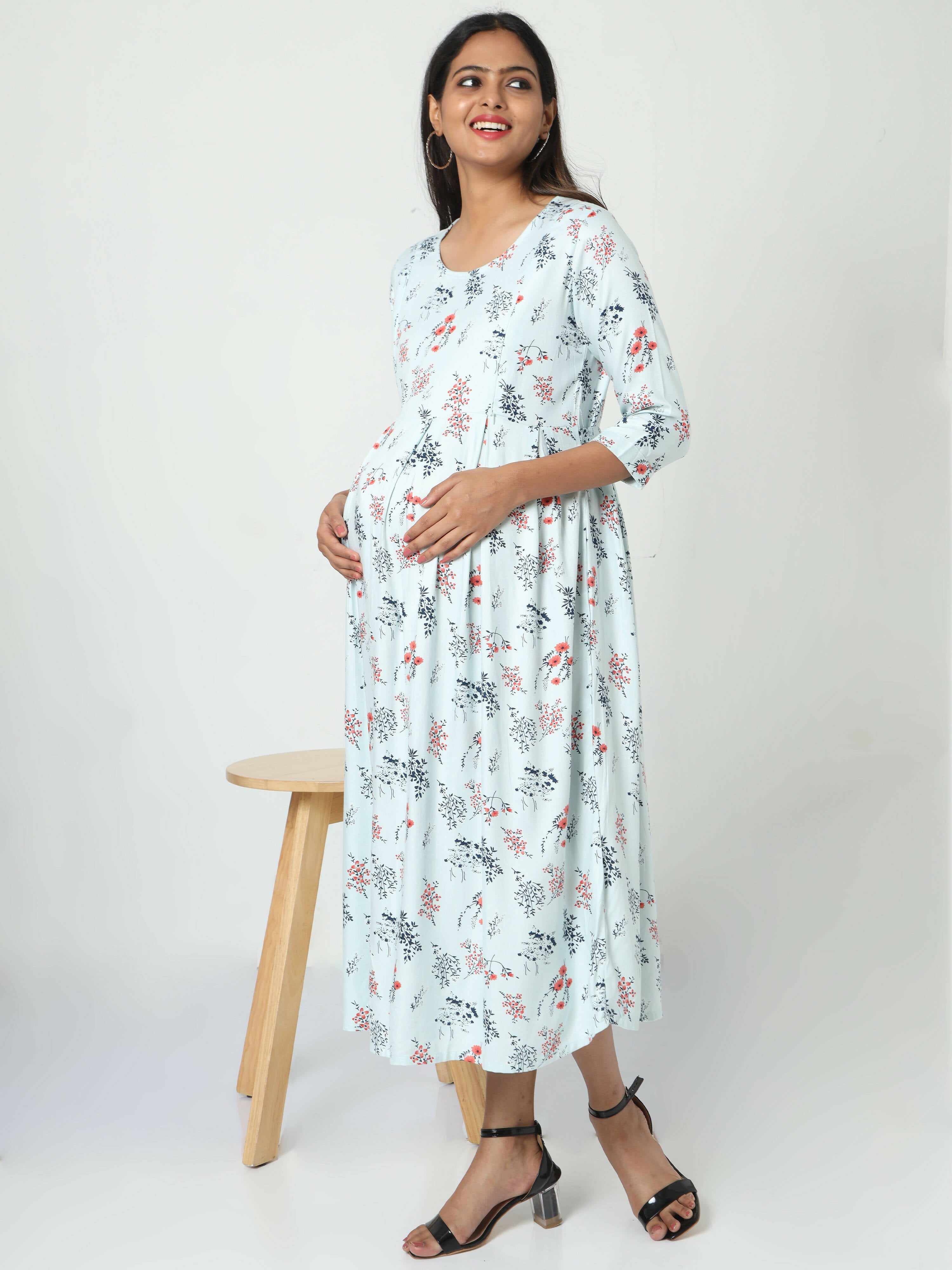 Manet Three Fourth Maternity Dress Floral Print With Concealed Zipper Nursing Access - Pista Green