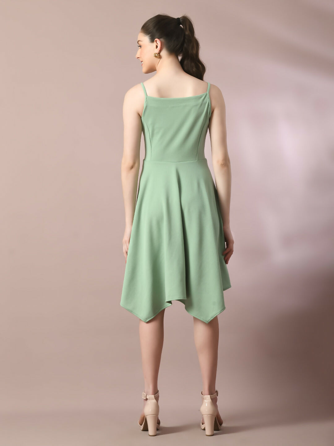 Myshka Women's Sea Green Solid Shoulder Straps Fit and Flare Party Dress