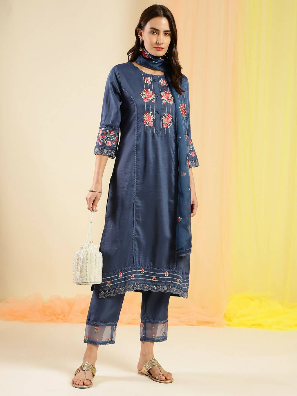 Navy Blue Chinon Embroidered Straight Kurta with Trouser & Dupatta - Salimar